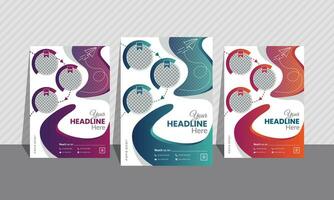 Travel and multipurpose flyer bundle of 3 gradient colors. Most unique curvy and geometric shapes, background image, and layout.A4 size. Pink, purple, green, ocean blue, orange. vector