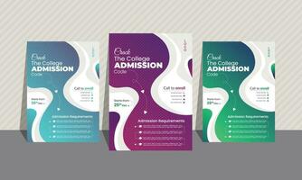 Admission flyer bundle of 3 gradient colors. Most unique curvy shapes, background image, and layout.A4 size. Blue, sky blue, purple, green, neon. White background. vector