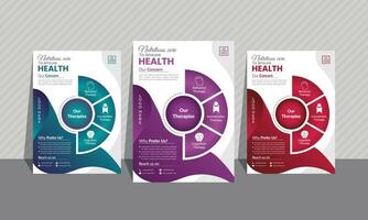 Medical and health multipurpose flyer set of 3 gradient colors. Most unique curvy and 3d geometric shapes, simple and minimal layout. A4 size. Blue, red, purple. Qr code. vector