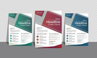 Corporate  flyer bundle of 3 gradient colors. Most unique geometric shapes and clean layout.A4 size. Green, blue, red. vector