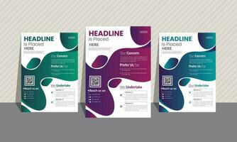 Corporate and Multipurpose flyer template design bundle of 3 colors. Free qr code and unique layout. Gradient color. vector