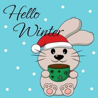 Christmas greeting postcard with character Rabbit with cup vector