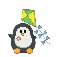 Cute cartoon Penguin with a kite in color vector