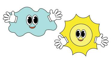Sun and cloud. Character in Groovy cartoon style in color vector