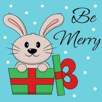 Christmas greeting postcard with character Rabbit in gift box vector