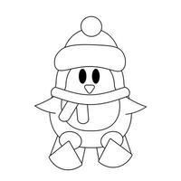 linda dibujos animados pingüino en esquís en negro y blanco vector