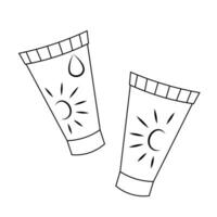 Two cartoon sun creams and a tanning cream in black and white vector