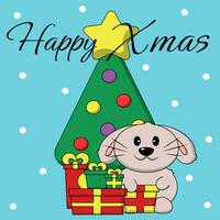 Christmas greeting postcard with character Rabbit with Christmas tree and gift box vector