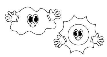 Sun and cloud. Character in Groovy cartoon style in black and white vector