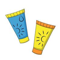 Two cartoon sun creams and a tanning cream in color vector