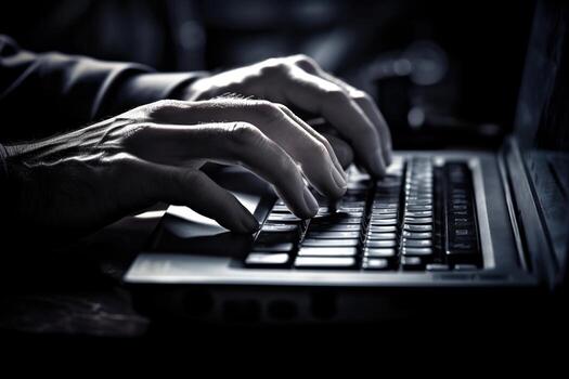 Generative AI, Typing on keyboard closeup, shot hands using laptop computer and internet photo