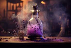 Generative AI, A bottle of essential oil with fresh lavender twigs withh smoke on dark background, herbal oil and flowers photo