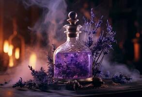 Generative AI, A bottle of essential oil with fresh lavender twigs withh smoke on dark background, herbal oil and flowers photo