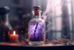 Generative AI, A bottle of essential oil with fresh lavender twigs withh smoke on dark background, herbal oil and flowers photo