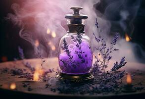 Generative AI, A bottle of essential oil with fresh lavender twigs withh smoke on dark background, herbal oil and flowers photo