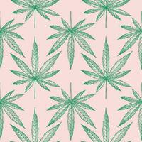 Hemp leaf Seamless pattern. Repeating background with cannabis plant, botanical motif for packaging, textile, print, template, card. Decorative ornament boho style hand drawn. Vector illustration