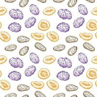 Dried fruits Seamless pattern. Repeating background with Prunes, dried apricots, dry fruits, dates for packaging, textile, print, template, card. Decorative ornament hand drawn. Vector illustration