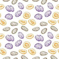 Dried fruits Seamless pattern. Repeating background with Prunes, dried apricots, dry fruits, dates for packaging, textile, print, template, card. Decorative ornament hand drawn. Vector illustration