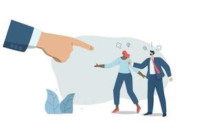 Tensed argument of angry employees. different thought, disagreement or opposite way, Conflict between colleagues and big hand, Vector design illustration.