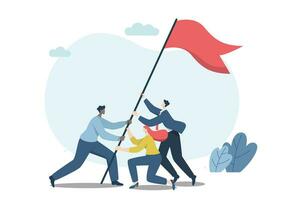 Strong teamwork leading to success for organizations, business people working as a team or partners helping to raise the flag of victory. Vector design illustration.