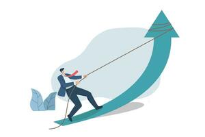 Businessman pulling up the arrow to improve business growth and succeed . The concept of a growing company. Business Challenges in a Recession. Vector design illustration.