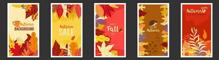 Collection of autumn sale and other typography flyer template with lettering. Bright fall leaves. Poster, card, label, banner design set. Vector illustration EPS10.