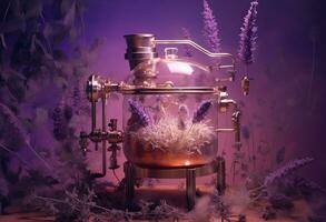 Generative AI, Essential oil extraction with distillery machine with lavender flowers photo