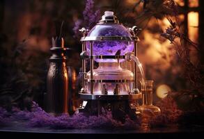 Generative AI, Essential oil extraction with distillery machine with lavender flowers photo