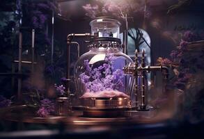 Generative AI, Essential oil extraction with distillery machine with lavender flowers photo