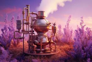 Generative AI, Essential oil extraction with distillery machine with lavender flowers photo