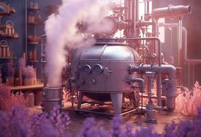 Generative AI, Essential oil extraction with distillery machine with lavender flowers photo