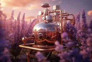 Generative AI, Essential oil extraction with distillery machine with lavender flowers photo