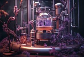 Generative AI, Essential oil extraction with distillery machine with lavender flowers photo