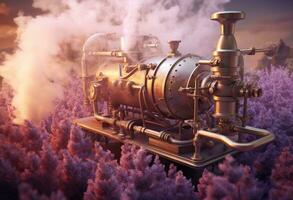 Generative AI, Essential oil extraction with distillery machine with lavender flowers photo