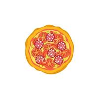 Fresh pizza with tomato, cheese, olive, sausage, onion, basil. Traditional italian fast food. Top view meal. European snack. Isolated white background. Vector illustration.