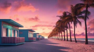 Generative AI, Miami beach huts, Summer Vibes retro illustration. Vintage pink and blue colors, buildings, California palms, 80s style photo