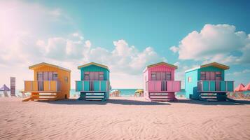 Generative AI, Miami beach huts, Summer Vibes retro illustration. Vintage pink and blue colors, buildings, California palms, 80s style photo