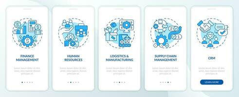 2d íconos representando empresa recurso planificación móvil aplicación pantalla colocar. recorrido 5 5 pasos azul gráfico instrucciones con lineal íconos concepto, ui, ux, gui modelo. vector