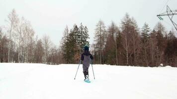 människor skidåkning på en snöig backe video