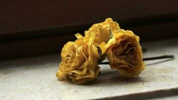 three yellow roses sitting on top of a marble counter video