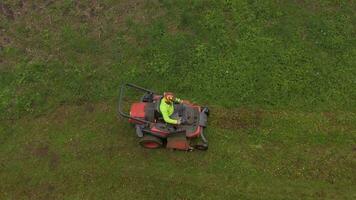 an aerial view of a man on a lawn mower video