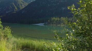 a lake surrounded by mountains and trees video