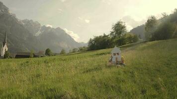 ein Mädchen und ein Junge halten ein Haus ausgeschnitten Sitzung im das Gras auf ein Hügel video