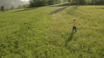 un chico es caminando mediante un campo con flores video