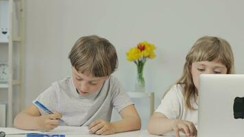 Brother helps his younger sister to make her homework video