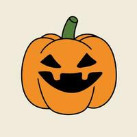 Jack O Lantern colored outline. Hand drawn Halloween pumpkin in doodle style isolated on white background. Autumn icon decor. Vector illustraiton.