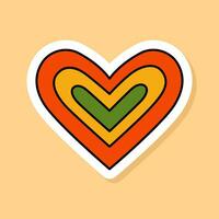 Vector Ranbow Heart sticker isolated on yellow background. 70s style cartoon icon white contour