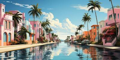 generativo ai, Miami verano vibraciones retro plano matisse ilustración. Clásico rosado y azul colores, edificios, California palmas, Años 80 estilo foto