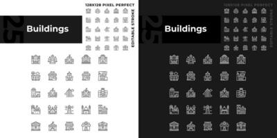 píxel Perfecto oscuro y ligero modo íconos conjunto representando varios edificios, editable Delgado línea ilustración. vector