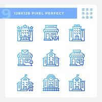 Set of pixel perfect blue gradient icons representing various buildings, thin line illustration. vector